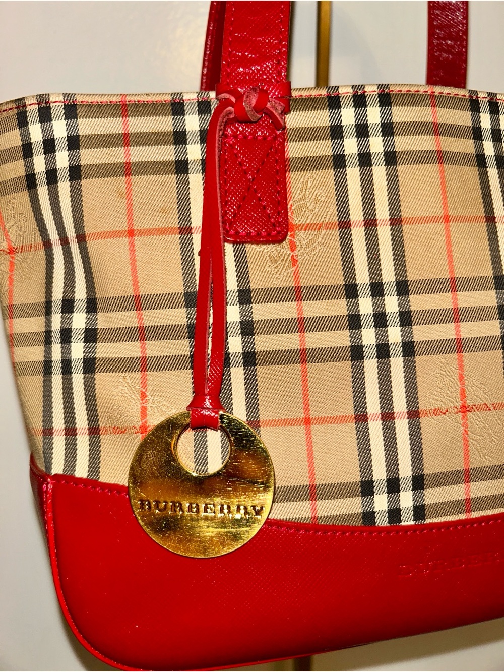 Burberry. Haymarket Check Canvas Tote Bag featuring vibrant red leather trim. - Picture 2 of 12